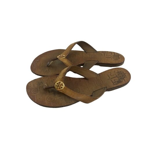 Tory Burch Thora Monogrammed Brown Leather Sandals - 9 - Picture 1 of 11